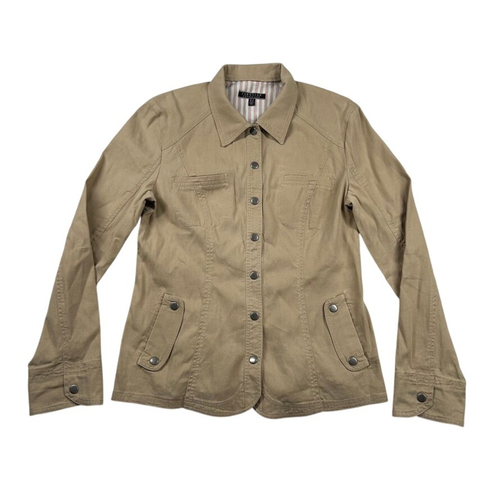 Peruvian Connection Jacket Womens 8 Tan Linen Blend Utility Safari Snap Front